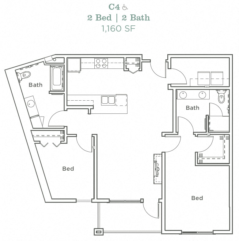 Floor plan for 2 beds, 2 baths, 1160 sqft